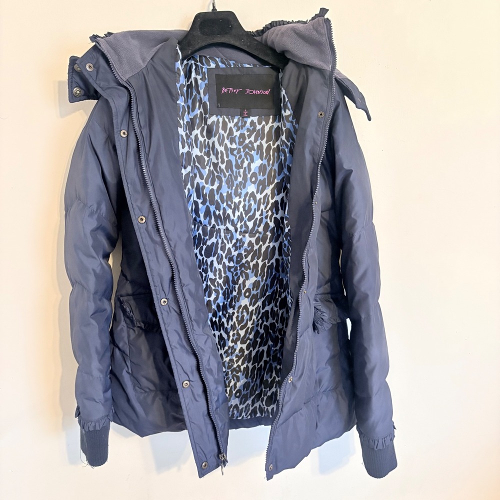 Betsey Johnson Puffer Jacket Blue Faux Fur Trim Hood Down Fill Small - Picture 7 of 16